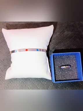 925 Sterling Silver Rainbow Stone Ring Size 6 + Matching Bracelet Set